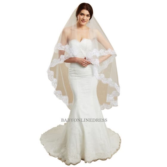Shop Mariage Cheap Long Lace Edge Wedding Veil Ivory White Cathedral