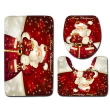 -3 Unids / set Decoraci&oacute;n de ba&ntilde;o para el hogar Alces de Navidad y &aacute;rbol Impreso Alfombrilla antideslizante Alfombrilla de ba&ntilde;o + Alfombra de pedestal + Tapa de inodoro on JD