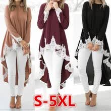 -Tallas grandes para mujer Volantes Alto Bajo Sim&eacute;trico Manga larga Casual Tops sueltos Blusa Borde Camisa de encaje Vestido Dovetail Hem Camiseta on JD