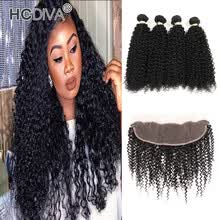 bundles-with-closure-HCDIVA 4 Bundle Human Hair Weaving Kinky Curly with Lace Frontal Closure with Baby Hair Natural Black Virgin India Soft Curly 7A on JD