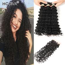 bundles-with-closure-HCDIVA Indian Virgin Hair Deep Wave 3 Bundle with Lace Closure with baby Hair Natural black Human Hair Bundle with Closure Wavy on JD