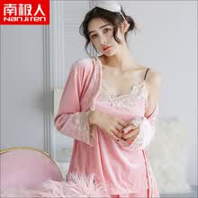 -Pijamas ant&aacute;rticos (Nanjiren) pijamas de manga larga de tres piezas de primavera y primavera de mujeres sexy versi&oacute;n coreana de pijamas de alumnas de terciopelo dorado de oto&ntilde;o e invierno nuevos Navy M on JD