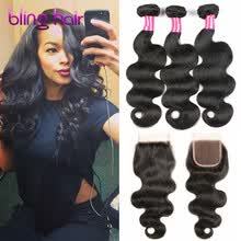 bundles-with-closure-Bling Hair Peruvian Virgin Hair Body Wave 3 Bundles with Closure Free/Middle/Three 7A Grade 100% Unprocessed Human Hair Weave on JD